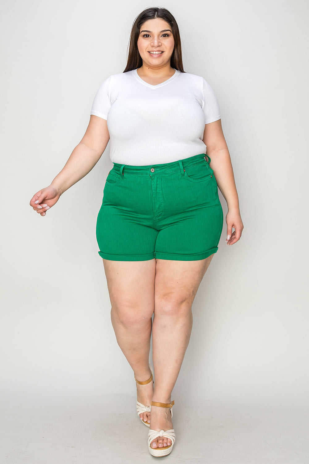 Judy Blue Full Size Tummy Control Garment Dyed Denim Shorts K GREEN Women&