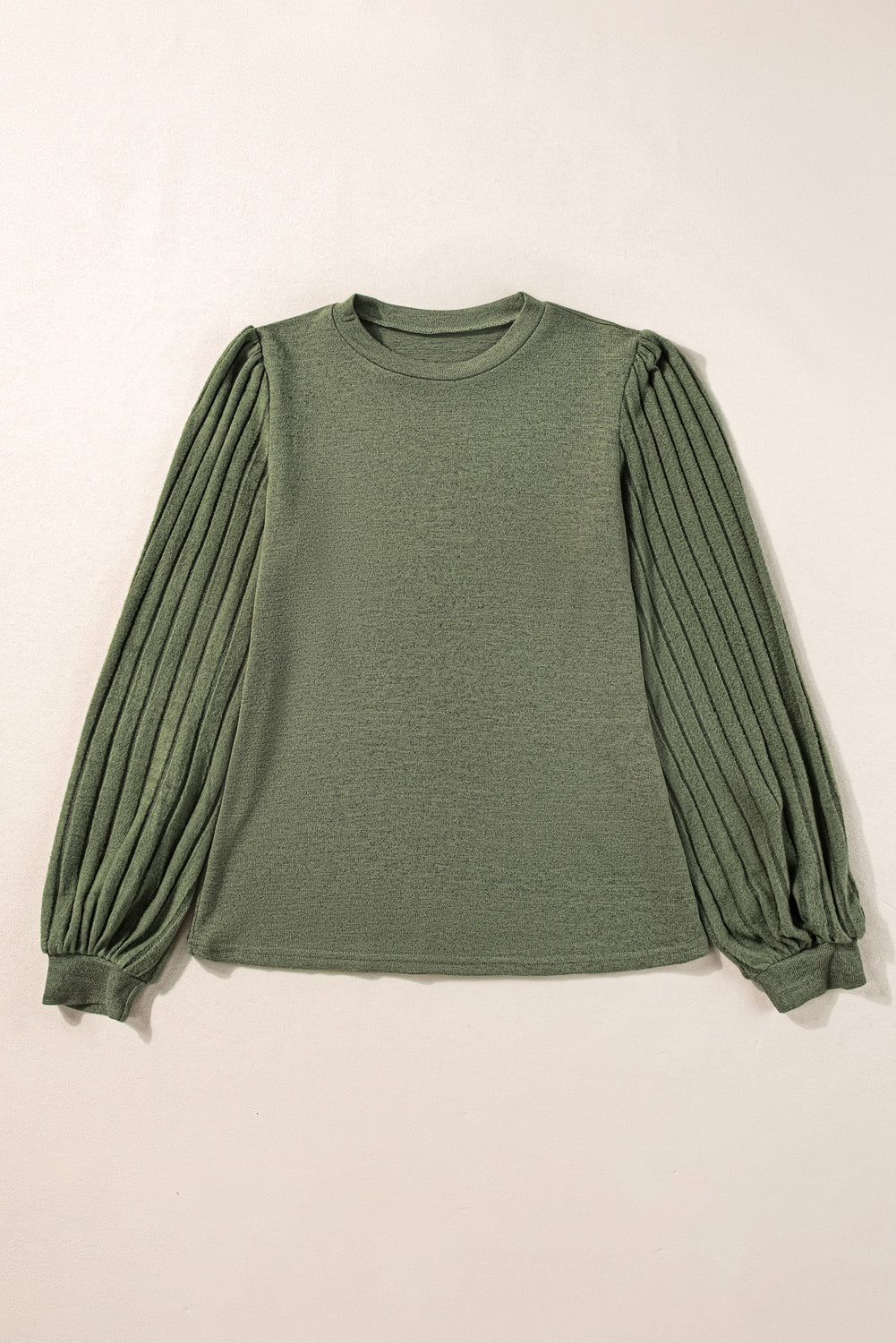 Jungle Green Contrast Ribbed Bishop Sleeve Top 95%Polyester+5%Elastane Tops by Fleurcouture | Fleurcouture
