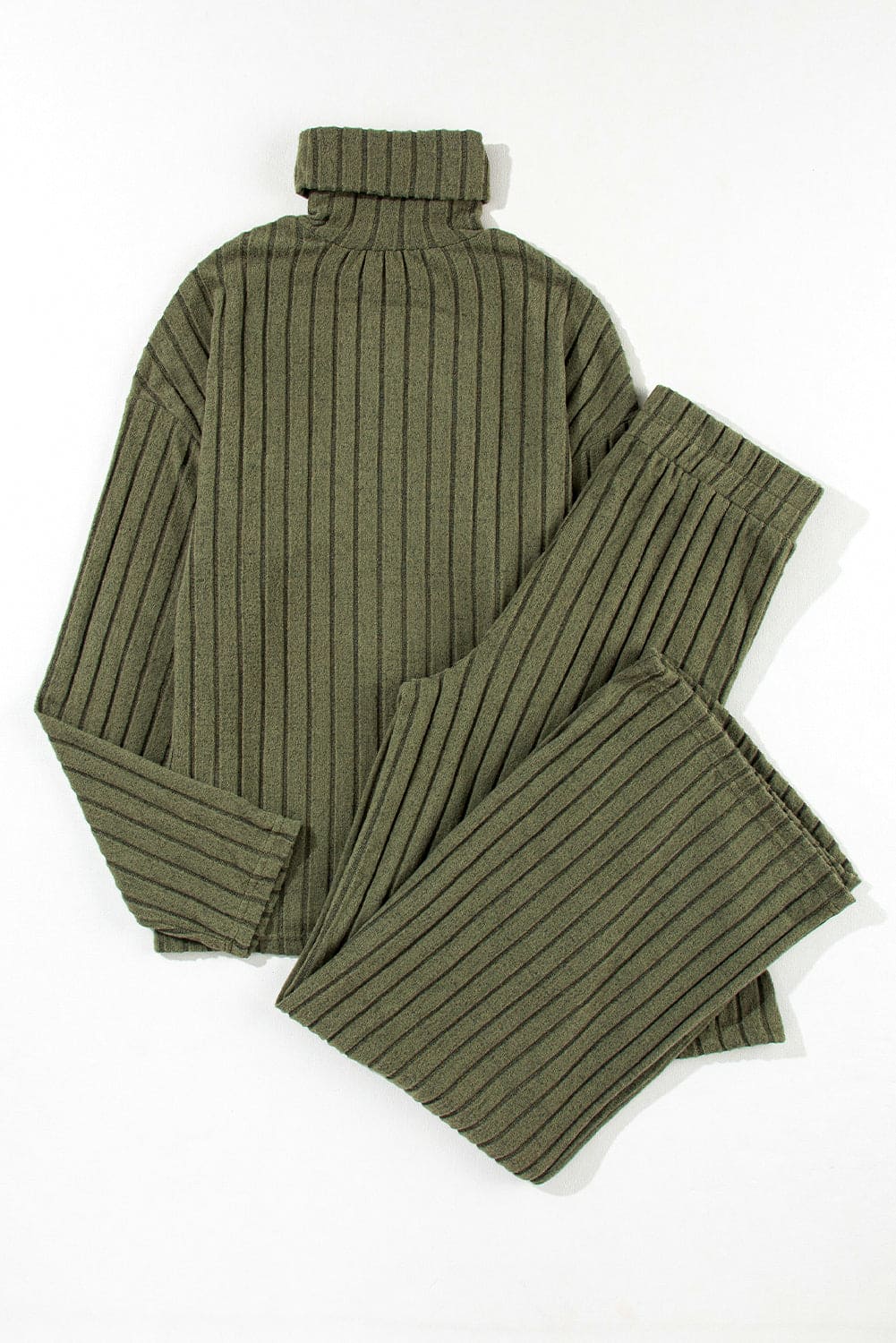 Jungle Green Ribbed Knit High Neck Loose Top and Pants Set Jungle Green 95%Polyester+5%Elastane Two Piece Sets by Fleurcouture | Fleurcouture