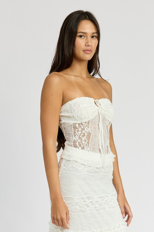 KEYHOLE STRAPLESS TOP WITH FRONT TIE IVORY by Emory Park | Fleurcouture