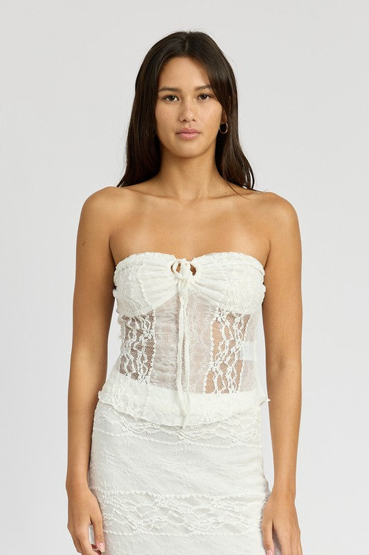 KEYHOLE STRAPLESS TOP WITH FRONT TIE IVORY S by Emory Park | Fleurcouture