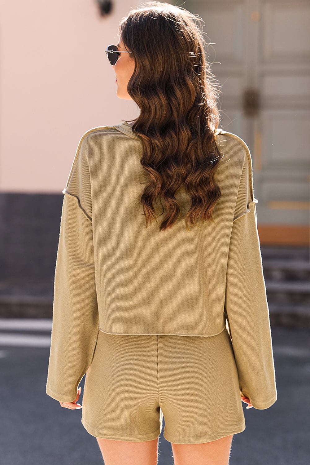 Khaki Exposed Seam Textured Long Sleeve Top Shorts Set Apricot khaki 60%Cotton+35%Polyester+5%Elastane Two Piece Sets by Fleurcouture | Fleurcouture