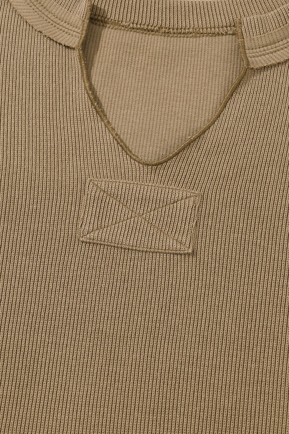 Khaki Exposed Seam Textured Long Sleeve Top Shorts Set Apricot khaki 60%Cotton+35%Polyester+5%Elastane Two Piece Sets by Fleurcouture | Fleurcouture