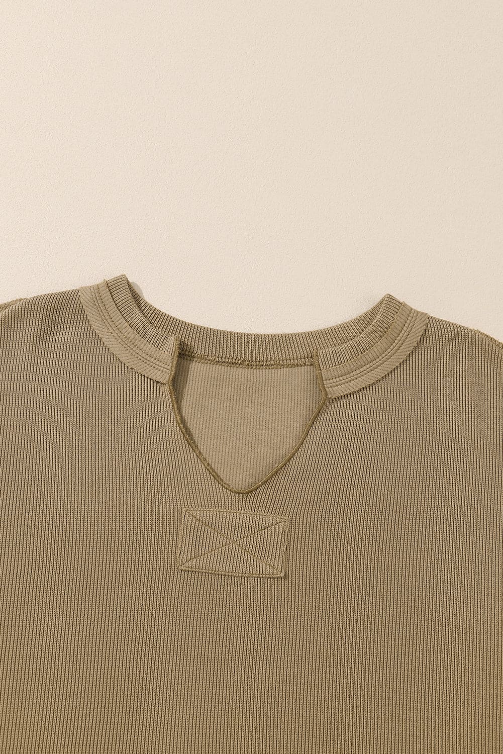 Khaki Exposed Seam Textured Long Sleeve Top Shorts Set Apricot khaki 60%Cotton+35%Polyester+5%Elastane Two Piece Sets by Fleurcouture | Fleurcouture