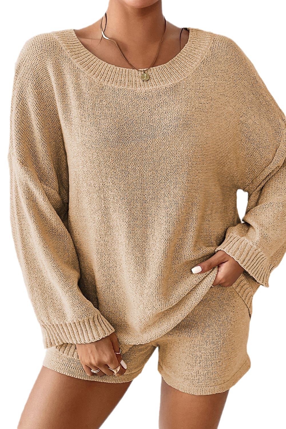 Khaki Solid Sweater Drawstring Shorts Outfit Khaki 100%Polyester Two Piece Sets by Fleurcouture | Fleurcouture