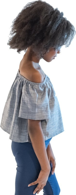 KIDS DENIM OFF THE SHOULDER TOP Grey by Cheryl Creations | Fleurcouture