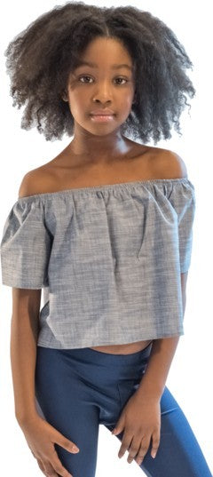 KIDS DENIM OFF THE SHOULDER TOP Grey S by Cheryl Creations | Fleurcouture