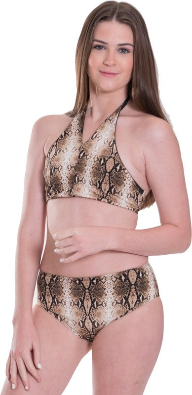 KIDS HIGH WAISTED HALTER BIKINI Brown Snake S by Cheryl Creations | Fleurcouture