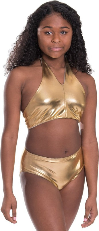 KIDS HIGH WAISTED HALTER BIKINI Gold Lame S by Cheryl Creations | Fleurcouture
