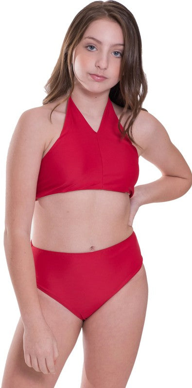 KIDS HIGH WAISTED HALTER BIKINI Red S by Cheryl Creations | Fleurcouture