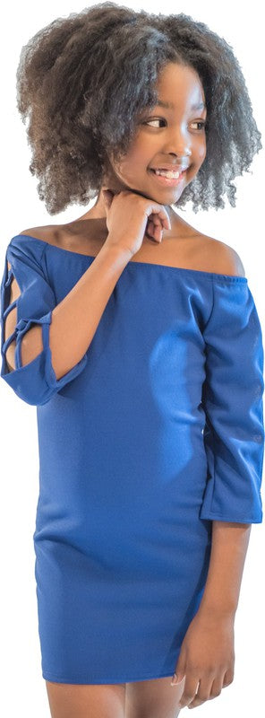 KIDS OFF THE SHOULDER LADDER DRESS Royal Blue S by Cheryl Creations | Fleurcouture