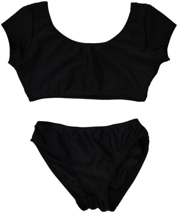 KIDS SHORT SLEEVE 2-PIECE BATHING SUIT Black S by Cheryl Creations | Fleurcouture