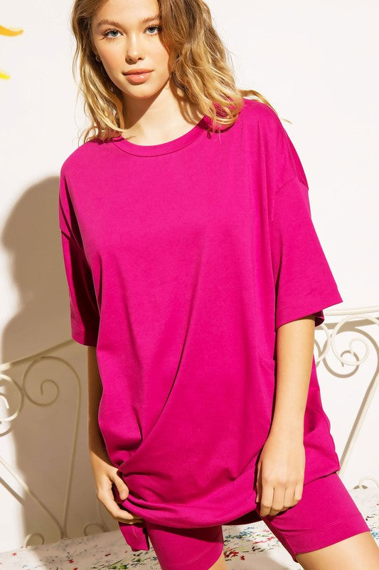 KNIT OVERSIZE TEE SHIRT AN SHORTS CASUAL BIKER SET Magenta Haze S by Sweet Generis | Fleurcouture