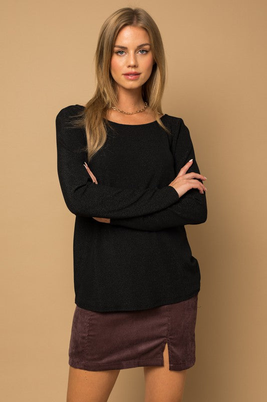 L/S Back Twist Glitter Top Black L by Gilli | Fleurcouture