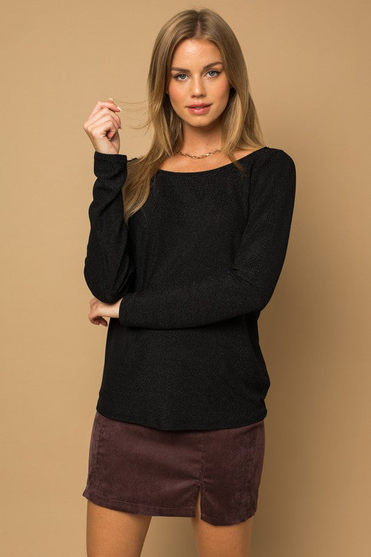 L/S Back Twist Glitter Top Black L by Gilli | Fleurcouture