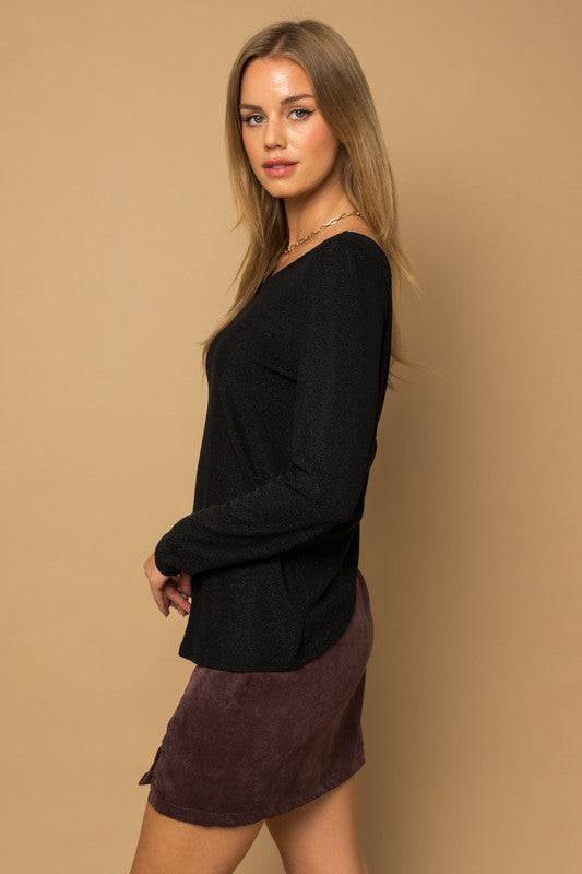L/S Back Twist Glitter Top Black L by Gilli | Fleurcouture