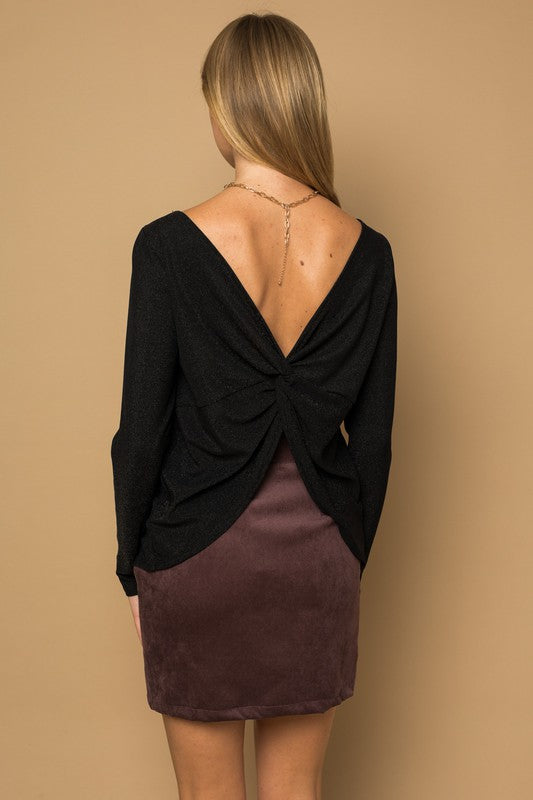 L/S Back Twist Glitter Top Black L by Gilli | Fleurcouture