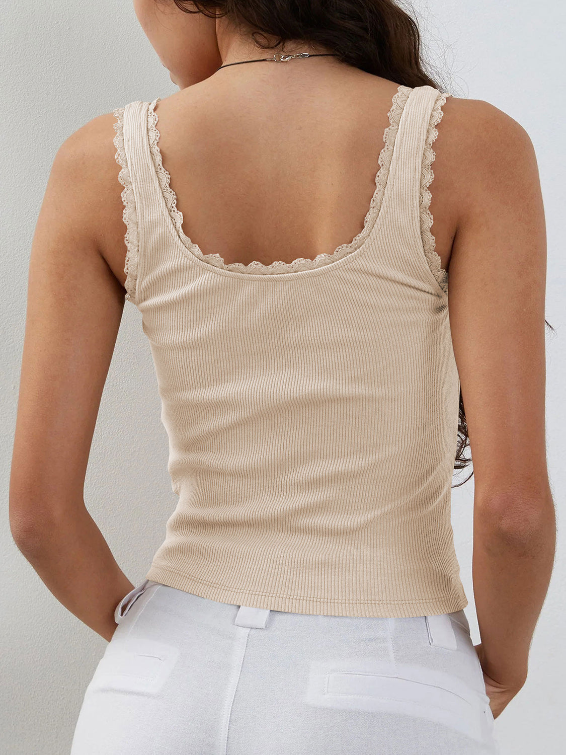 Lace Detail Square Neck Tank Sand XS Tops by Trendsi | Fleurcouture