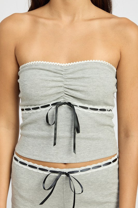 LACE TRIM TUBE TOP H GREY by Emory Park | Fleurcouture