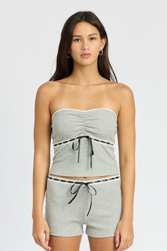 LACE TRIM TUBE TOP H GREY S by Emory Park | Fleurcouture