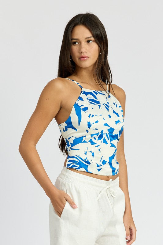 LACE UP BACK HALTER NECK TOP BLUE WHITE by Emory Park | Fleurcouture