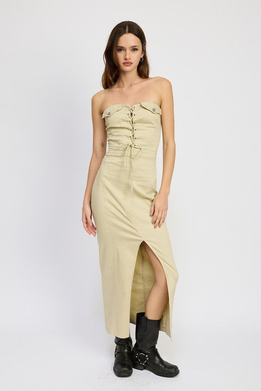 LACE UP CORSET DRESS WITH FRONT SLIT NATURAL by Emory Park | Fleurcouture