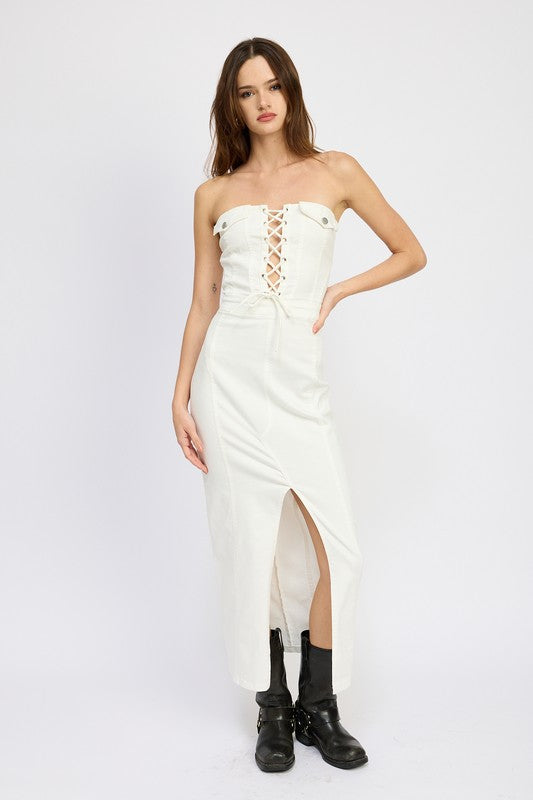 LACE UP CORSET DRESS WITH FRONT SLIT NATURAL by Emory Park | Fleurcouture