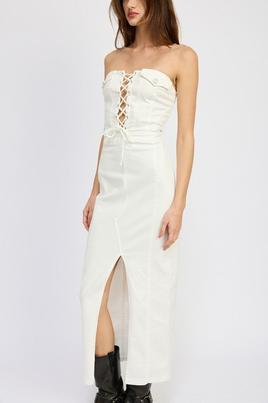 LACE UP CORSET DRESS WITH FRONT SLIT NATURAL by Emory Park | Fleurcouture