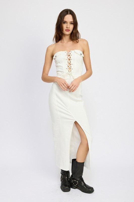 LACE UP CORSET DRESS WITH FRONT SLIT NATURAL by Emory Park | Fleurcouture