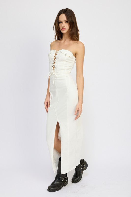 LACE UP CORSET DRESS WITH FRONT SLIT NATURAL by Emory Park | Fleurcouture