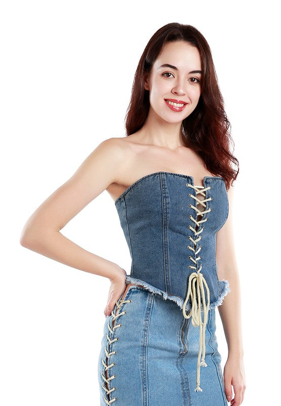 Lace Up Denim Corset Top by Rag Company | Fleurcouture