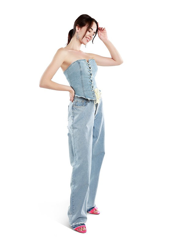 Lace Up Denim Corset Top by Rag Company | Fleurcouture