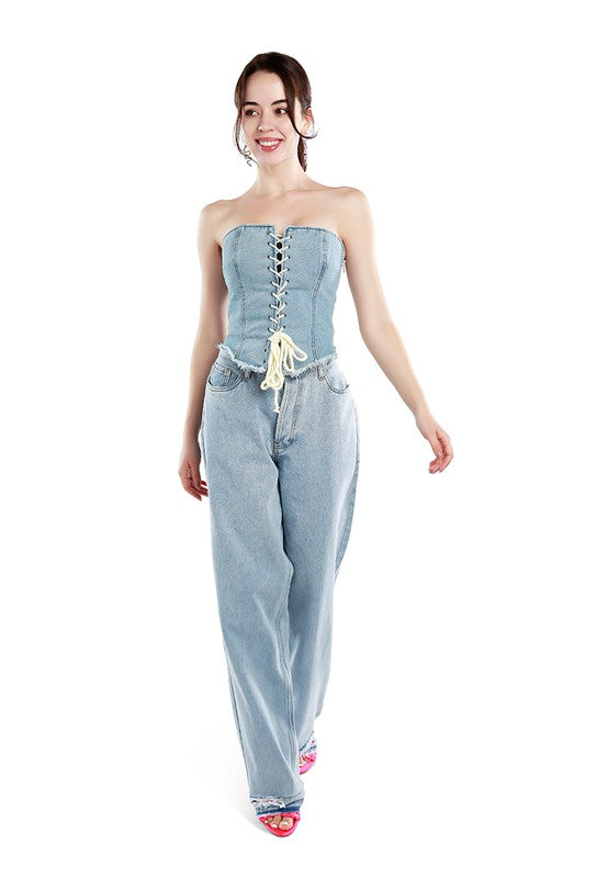 Lace Up Denim Corset Top by Rag Company | Fleurcouture