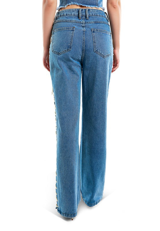 Lace Up Denim Trousers Blue by Rag Company | Fleurcouture