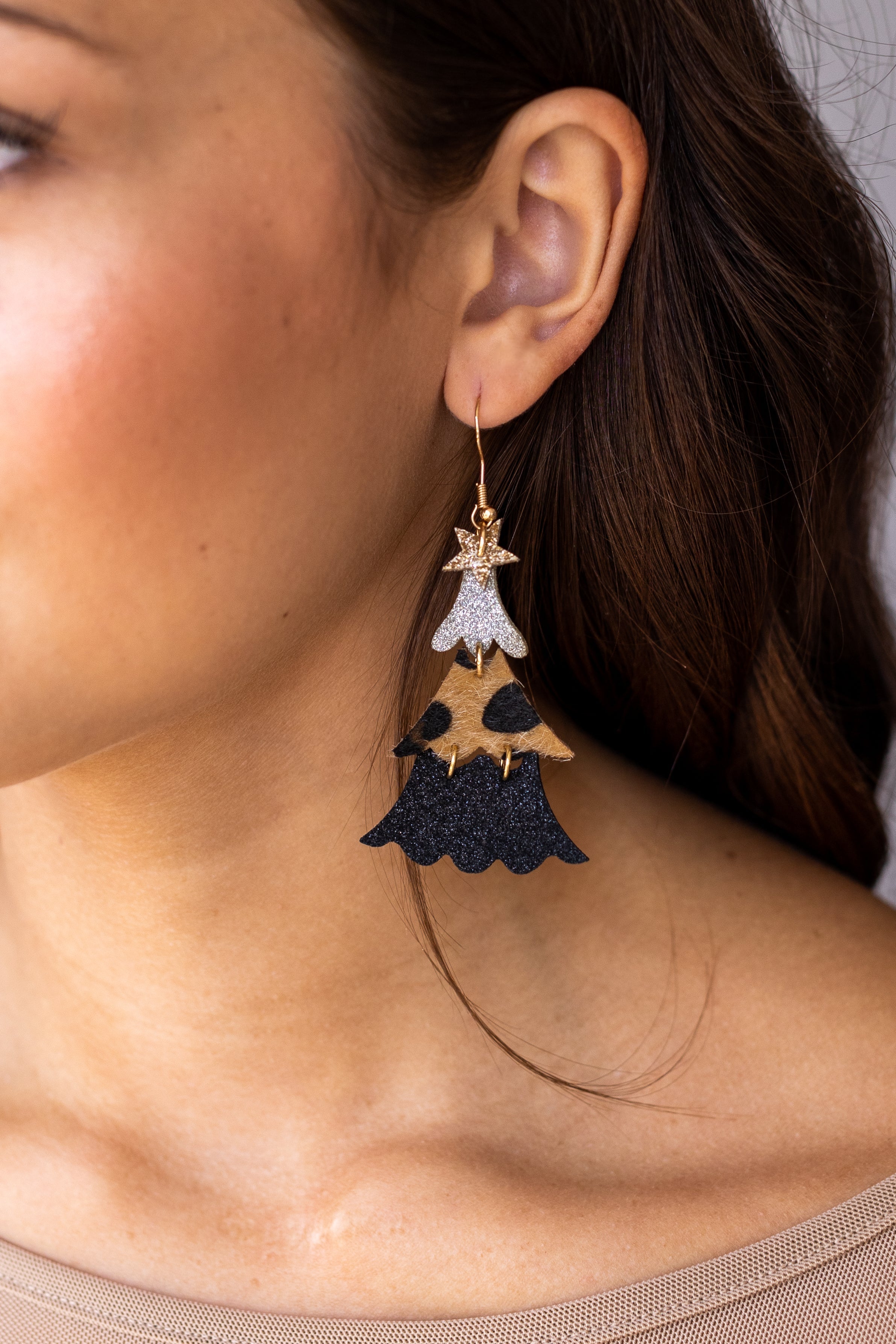 Leopard and Glitter Tiered Christmas Tree Earrings Leopard One Size Earrings by Grace & Emma | Fleurcouture