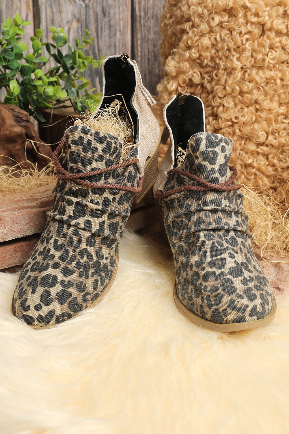 Leopard Retro Canvas Patchwork Chunky Heel Booties Leopard 100%PVC Shoes & Bags by Fleurcouture | Fleurcouture