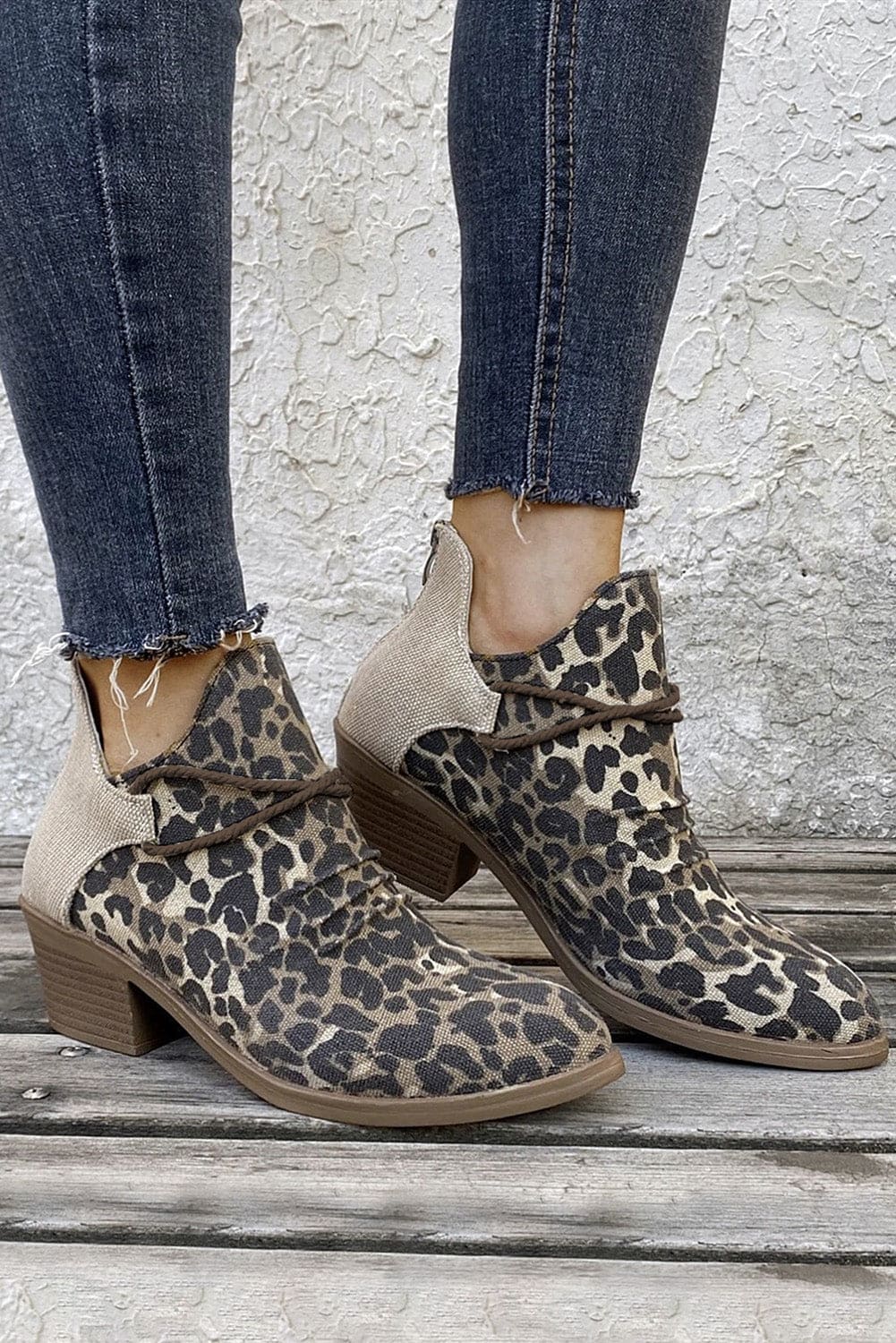 Leopard Retro Canvas Patchwork Chunky Heel Booties Leopard 100%PVC Shoes & Bags by Fleurcouture | Fleurcouture