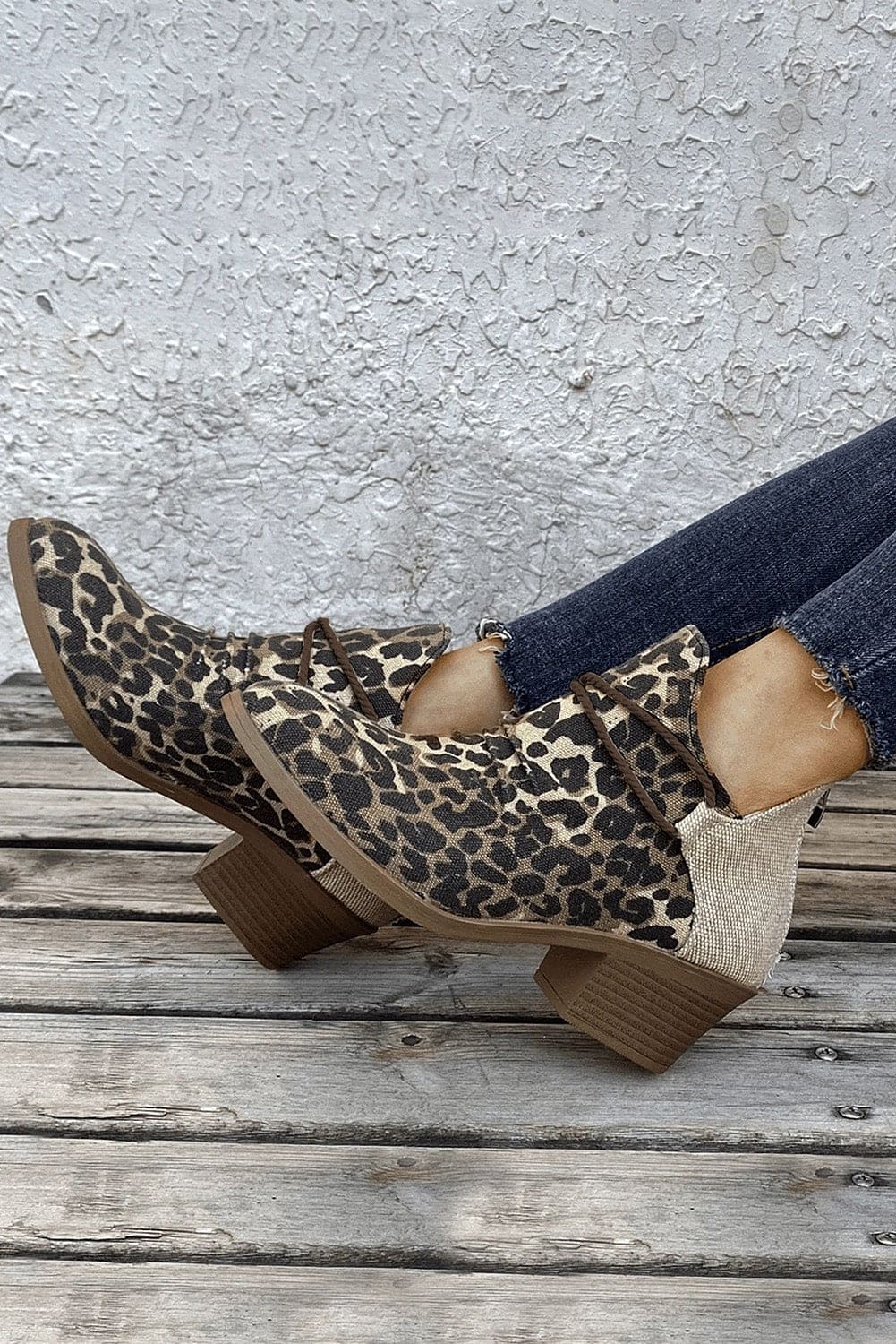 Leopard Retro Canvas Patchwork Chunky Heel Booties Leopard 100%PVC Shoes & Bags by Fleurcouture | Fleurcouture