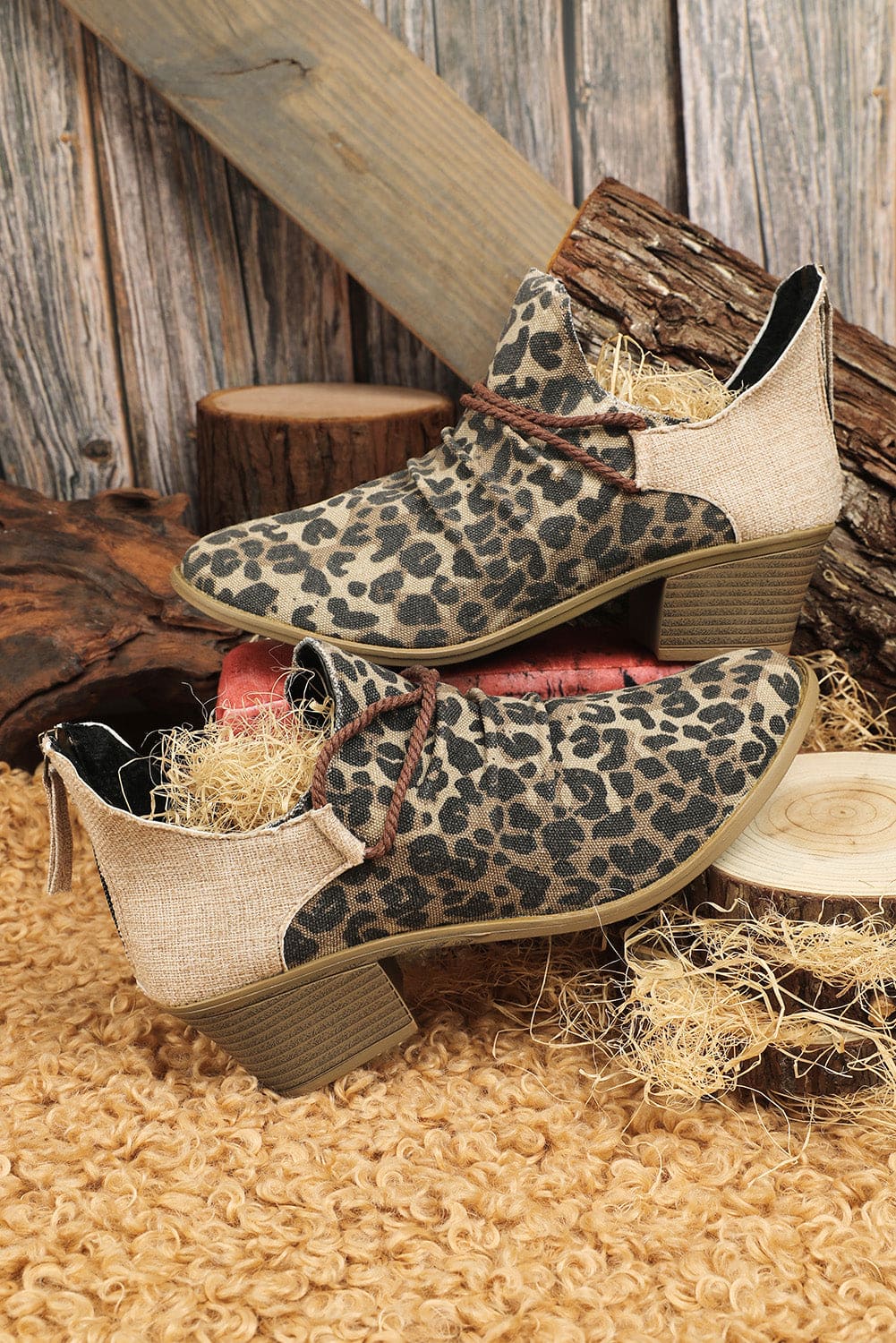 Leopard Retro Canvas Patchwork Chunky Heel Booties Leopard 37 100%PVC Shoes & Bags by Fleurcouture | Fleurcouture