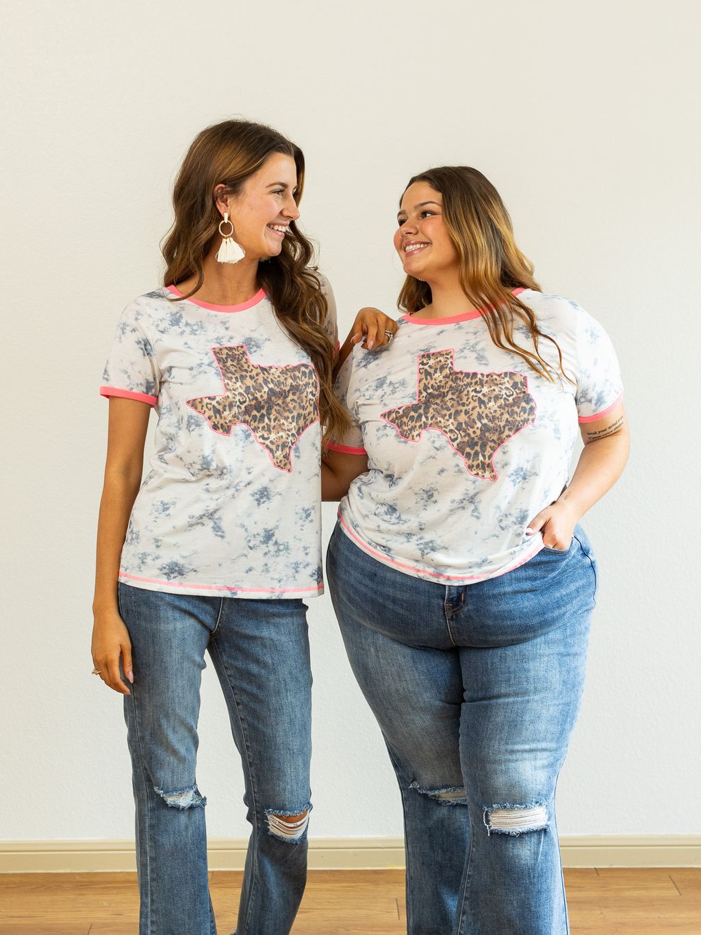 Leopard Texas on Marble & Pink Ringer Tee White Ladies Tops by Southern Grace | Fleurcouture