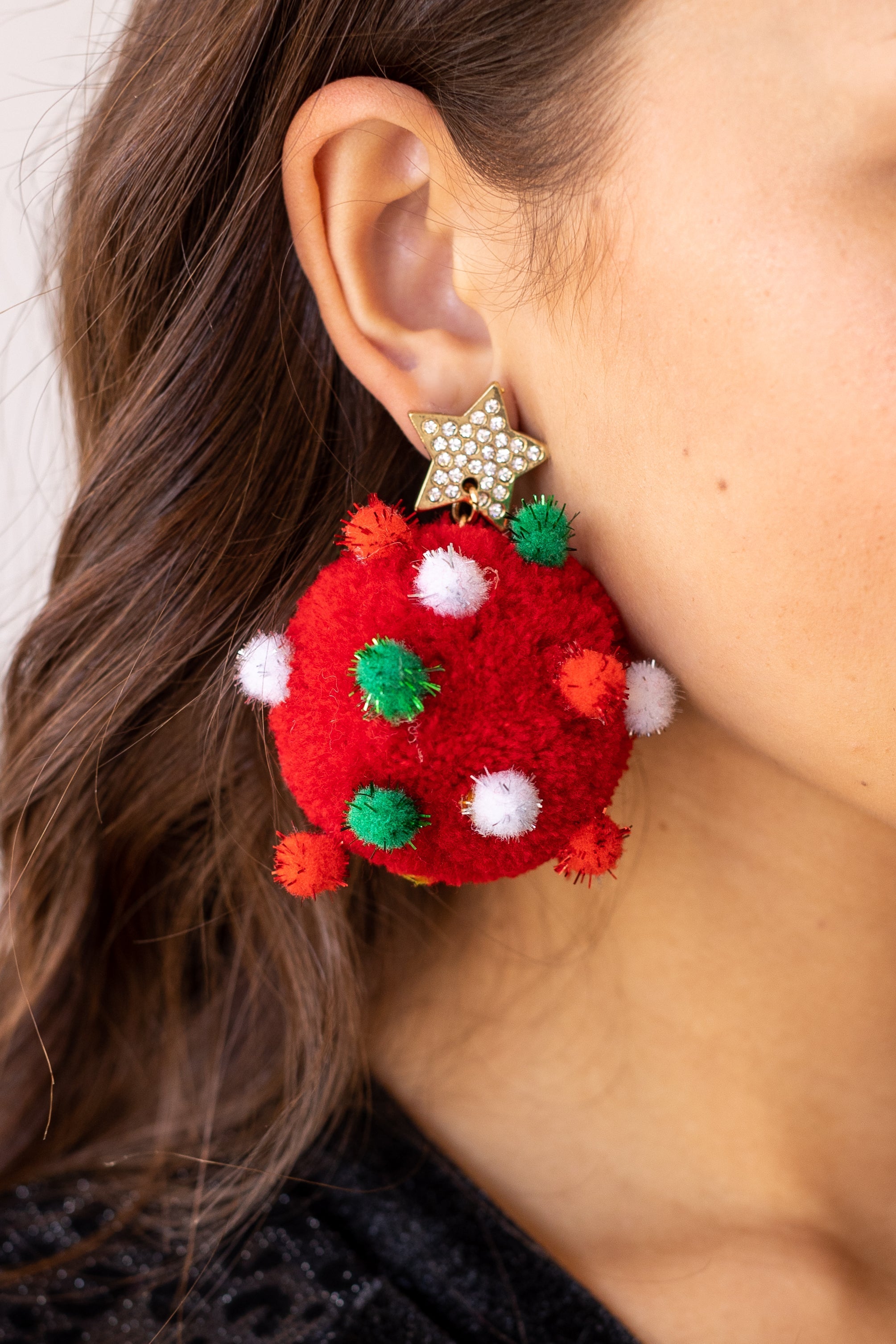 Let It Snow Red Pom Pom Earrings Red One Size Earrings by Grace & Emma | Fleurcouture