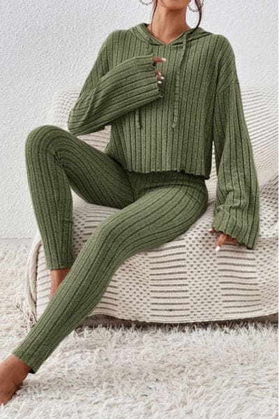Lettuce Hem Dropped Shoulder Hooded Top and Pants Set by Trendsi | Fleurcouture