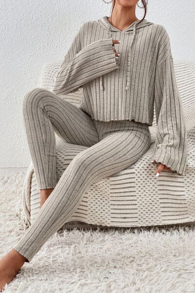 Lettuce Hem Dropped Shoulder Hooded Top and Pants Set by Trendsi | Fleurcouture