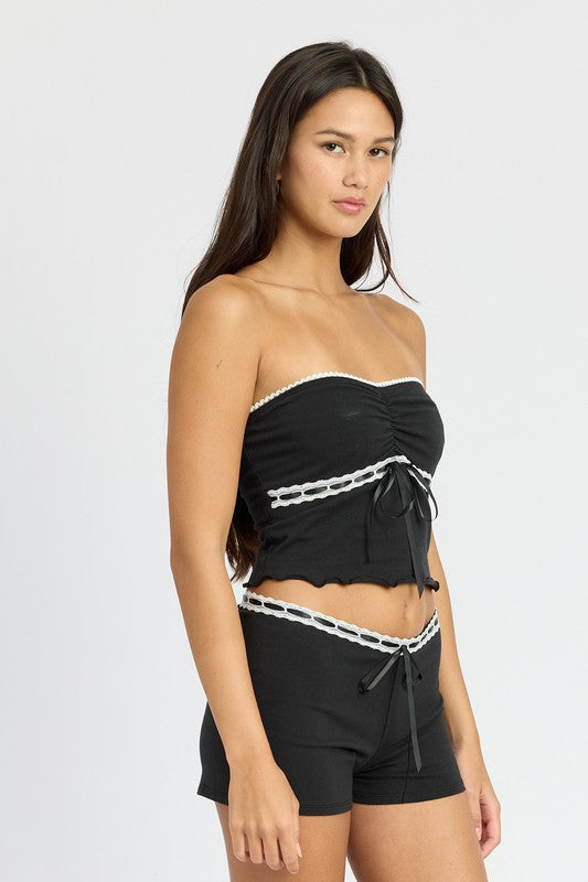 LETTUCE TUBE TOP WITH LACE TRIM BLACK by Emory Park | Fleurcouture