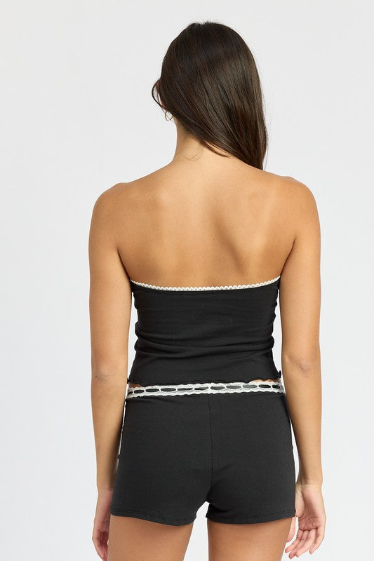 LETTUCE TUBE TOP WITH LACE TRIM BLACK by Emory Park | Fleurcouture