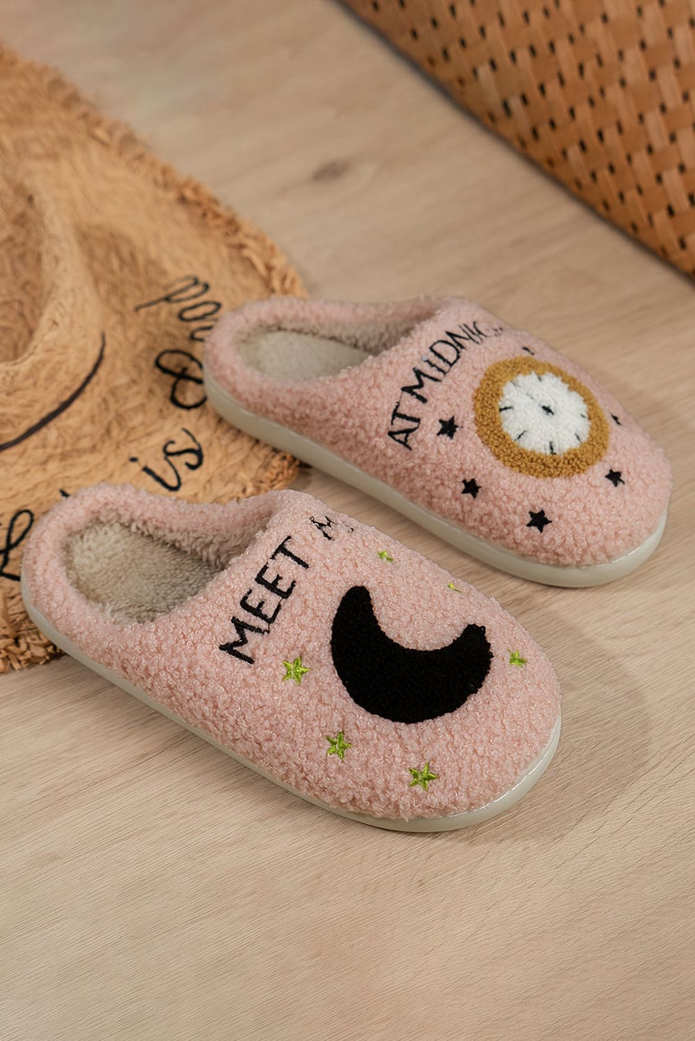 Light Pink Moon & Clock Pattern Fuzzy Home Slippers Light Pink 100%Polyester+100%TPR Shoes & Bags by Fleurcouture | Fleurcouture