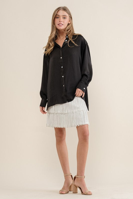 LIGHT SATIN BUTTON DOWN SHIRT Black S by Sweet Generis | Fleurcouture