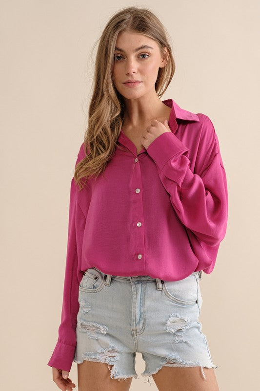 LIGHT SATIN BUTTON DOWN SHIRT Hot Pink S by Sweet Generis | Fleurcouture