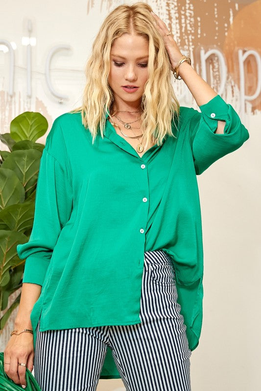 LIGHT SATIN BUTTON DOWN SHIRT Kelly Green S by Sweet Generis | Fleurcouture