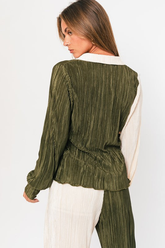 Long Sleeve Collared Top OLIVE-CREAM by LE LIS | Fleurcouture